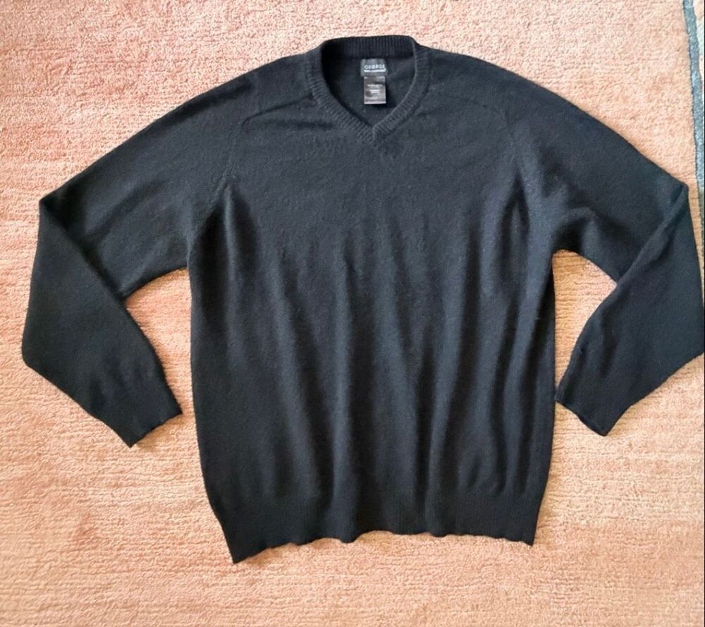George 100% Cashmere Black V-Neck Sweater Men’s L